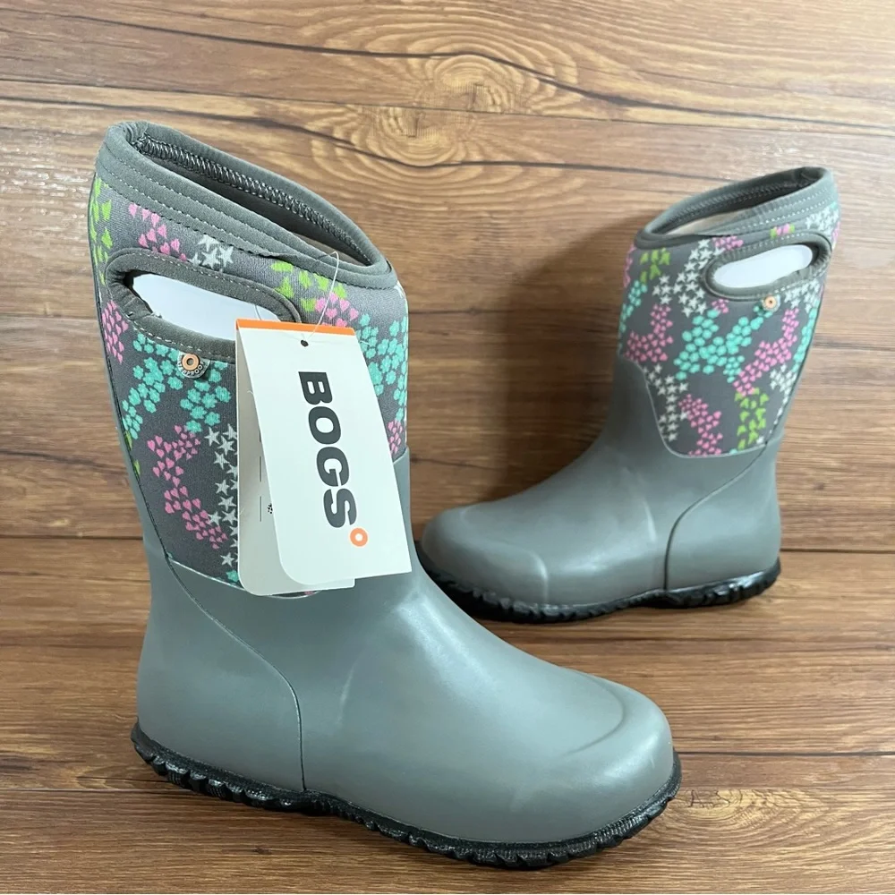 Bogs York ‘Wild Garden’ Gray Floral Rain Boots Girl’s Waterproof